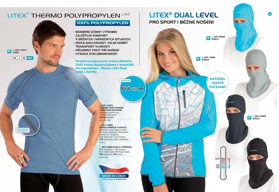 99800 KUKA X XX Používá se jako první vrstva oblečení. Další vrstvu doporučujeme z materiálů micropolyester - fleece, itex Dual nebo z bavlny. B. ART. 73089 BUNDA 3D POTIK ATERIÁ UVNITŘ POČEANÝ A.