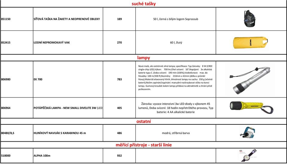 do hloubky: 100 m/300 ft;rozměry: 210mm x 42mm (délka x průměr hlavy);materiál:eloxovaný hliník ;Hmotnost lampy na suchu: 350 g (včetně baterií);režim zapínání/vypínání: manuální-rozšroubovat víčko