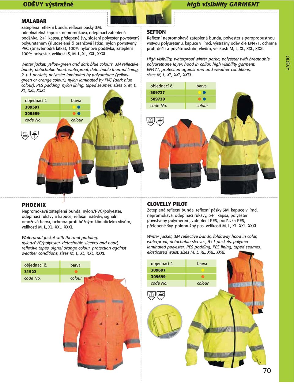 yellow-green and dark blue s, 3M reflective bands, detachable hood, waterproof, detachable thermal lining, 2 + 1 pockets, polyester laminated by polyuretane (yellowgreen or orange ), nylon laminated