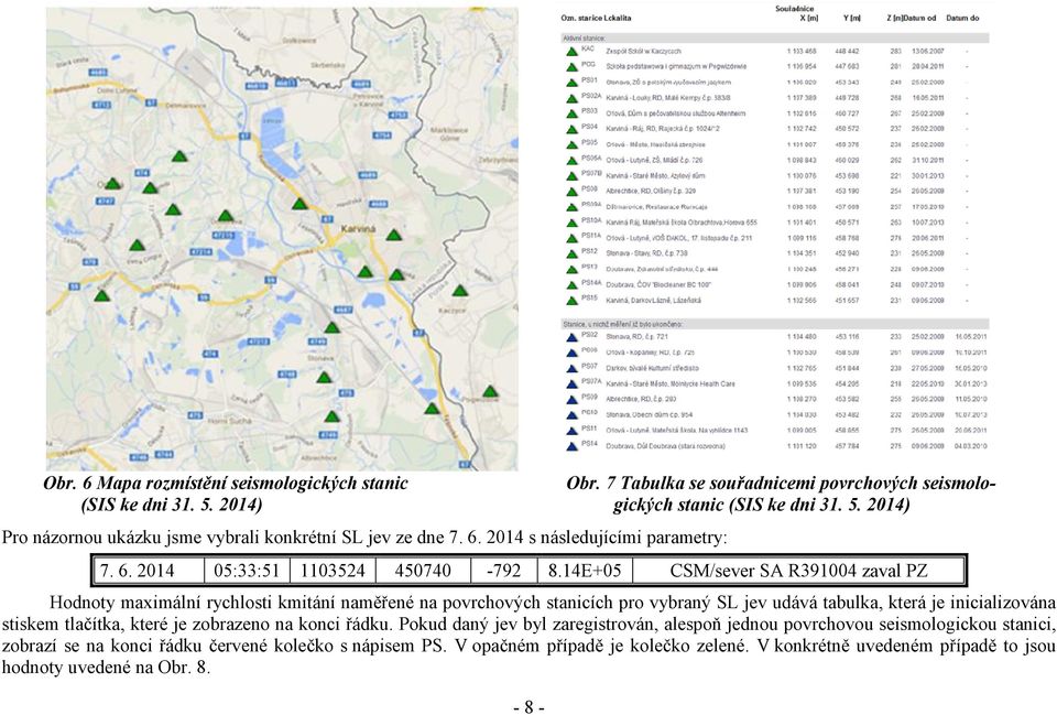 2014 s následujícími parametry: Hodnoty maximální rychlosti kmitání naměřené na povrchových stanicích pro vybraný SL jev udává tabulka, která je inicializována stiskem tlačítka, které je