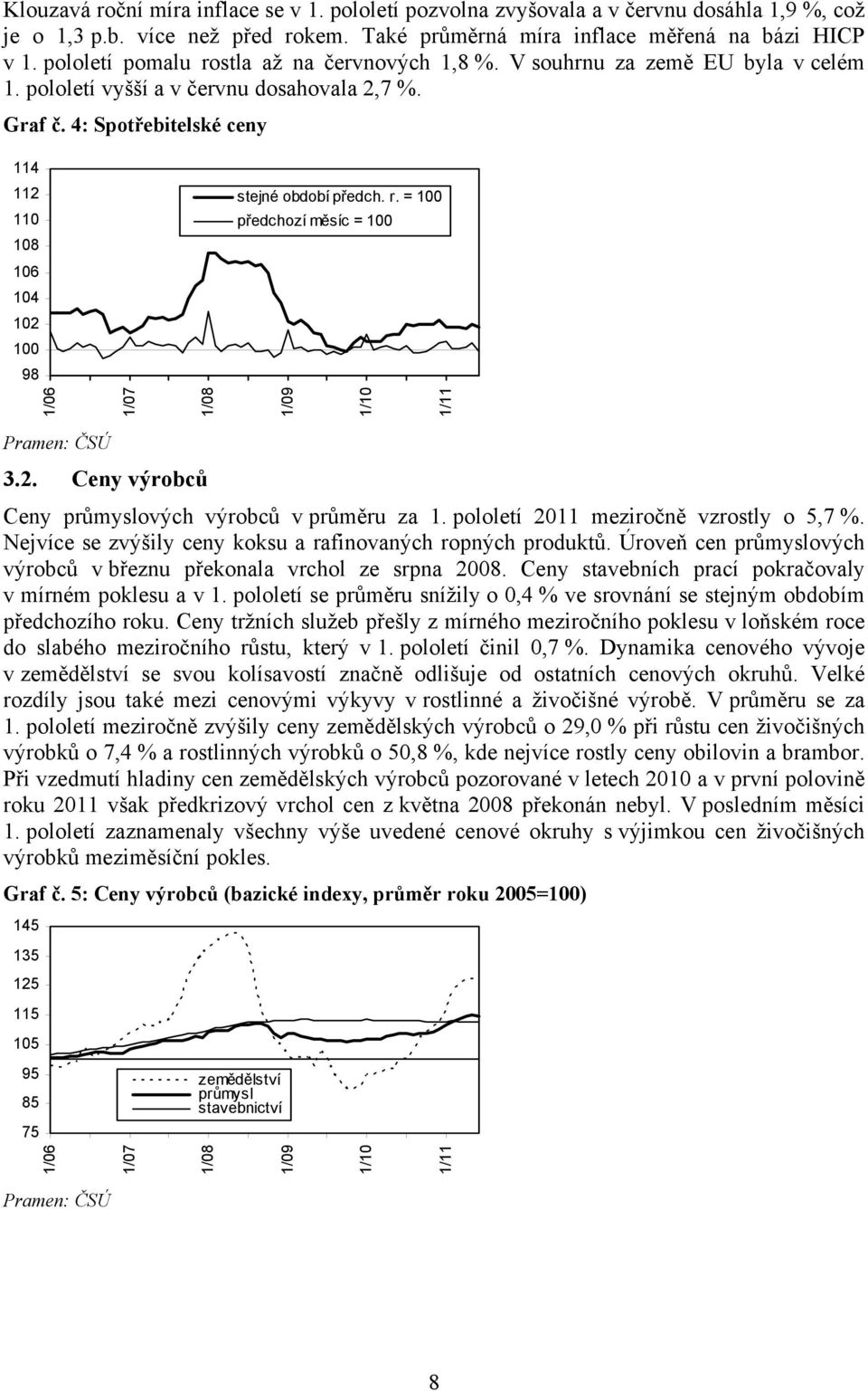 2. Ceny výrobců Ceny průmyslových výrobců v průměru za 1. pololetí 2011 meziročně vzrostly o 5,7 %. Nejvíce se zvýšily ceny koksu a rafinovaných ropných produktů.