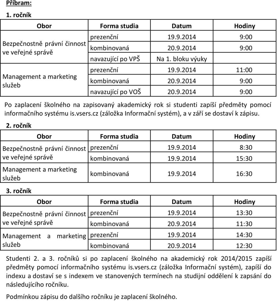 9.2014 11:30 prezenční 19.9.2014 14:30 kombinovaná 20.9.2014 12:30 Studenti 2. a 3. ročníků si po zaplacení školného na akademický rok 2014/2015 zapíší předměty pomocí informačního systému is.vsers.