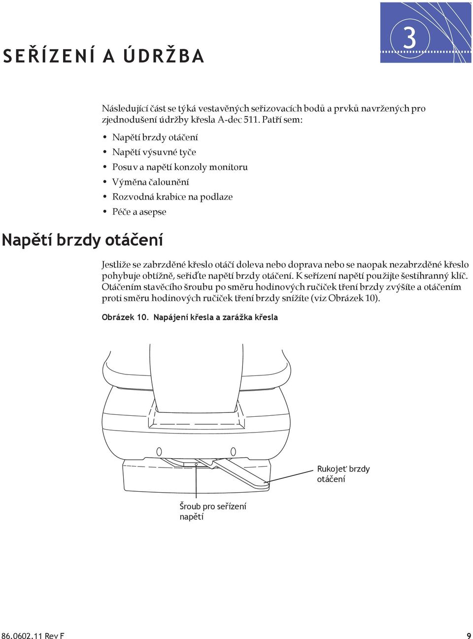 křeslo otáčí doleva nebo doprava nebo se naopak nezabrzděné křeslo pohybuje obtížně, seřiďte napětí brzdy otáčení. K seřízení napětí použijte šestihranný klíč.