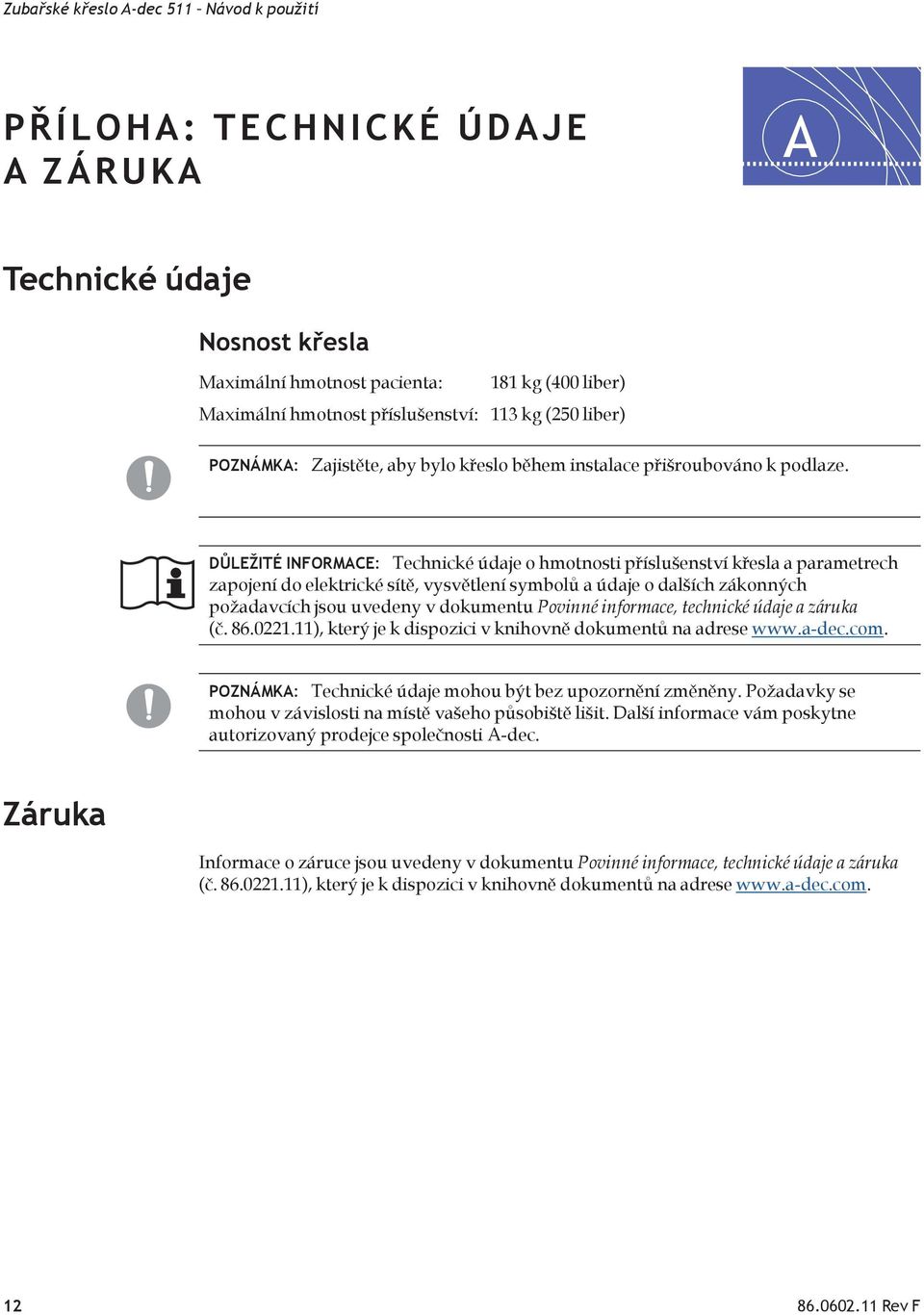 DŮLEŽITÉ INFORMACE: Technické údaje o hmotnosti příslušenství křesla a parametrech zapojení do elektrické sítě, vysvětlení symbolů a údaje o dalších zákonných požadavcích jsou uvedeny v dokumentu