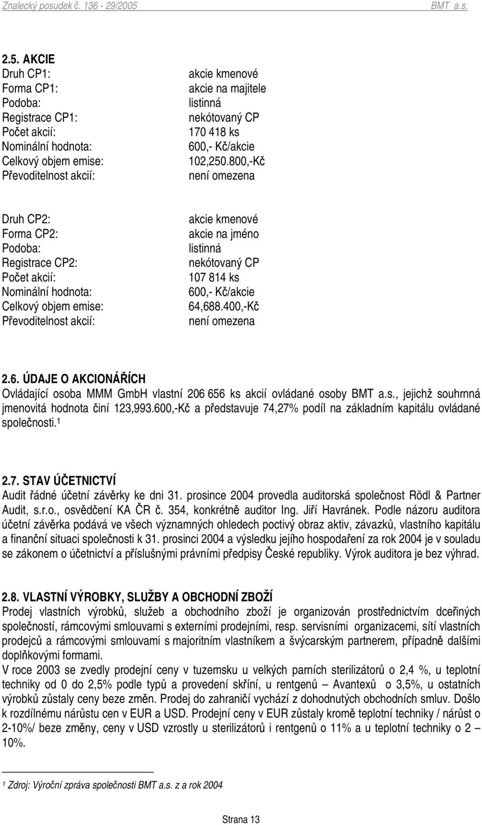 800,-K není omezena Druh CP2: Forma CP2: Podoba: Registrace CP2: Poet akcií: Nominální hodnota: Celkový objem emise: Pevoditelnost akcií: akcie kmenové akcie na jméno listinná nekótovaný CP 107 814