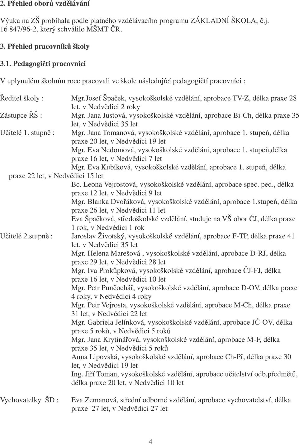 Josef Špaek, vysokoškolské vzdlání, aprobace TV-Z, délka praxe 28 let, v Nedvdici 2 roky Zástupce Š : Mgr.