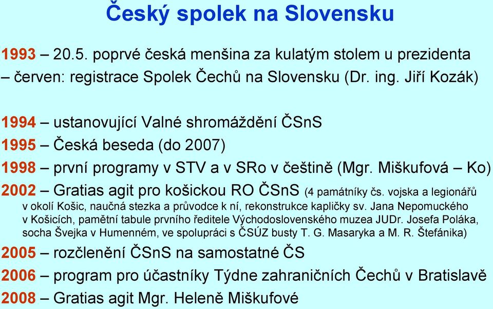 Miškufová Ko) 2002 Gratias agit pro košickou RO ČSnS (4 památníky čs. vojska a legionářů v okolí Košic, naučná stezka a průvodce k ní, rekonstrukce kapličky sv.