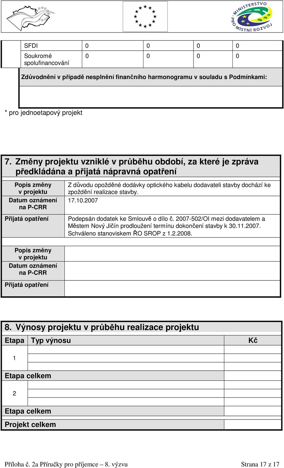 kabelu dodavateli stavby dochází ke zpoždění realizace stavby. 17.10.2007 Podepsán dodatek ke Smlouvě o dílo č.