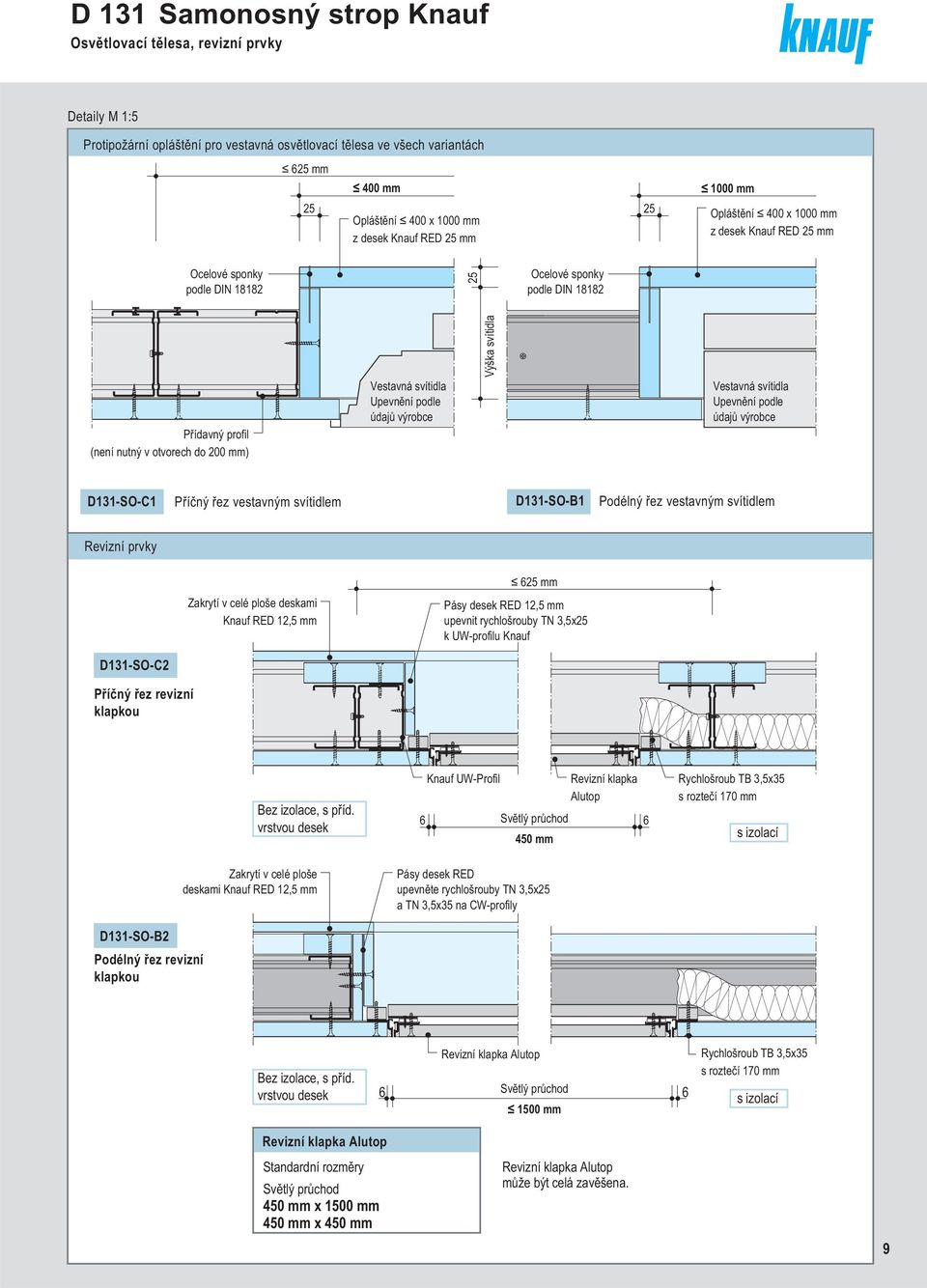 Vestavná svítidla Upevnění podle údajů výroce D131SOC1 Příčný řez vestavným svítidlem D131SOB1 Podélný řez vestavným svítidlem Revizní prvky Zakrytí v celé ploše deskami Knauf RED 12,5 mm Pásy desek