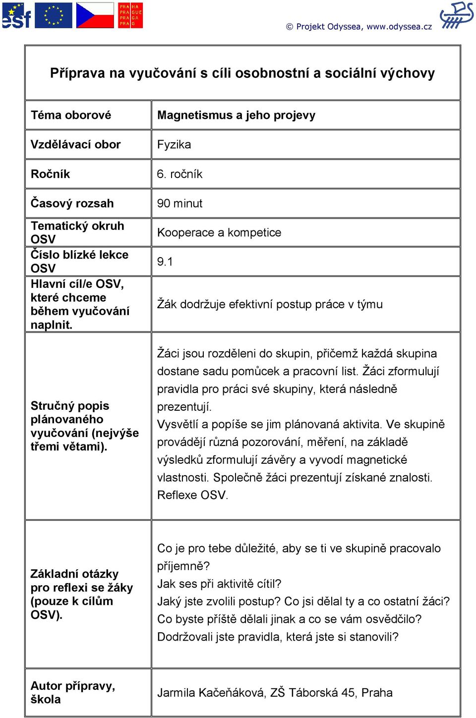 vyučování naplnit. Stručný popis plánovaného vyučování (nejvýše třemi větami). Magnetismus a jeho projevy Fyzika 6. ročník 90 minut Kooperace a kompetice 9.