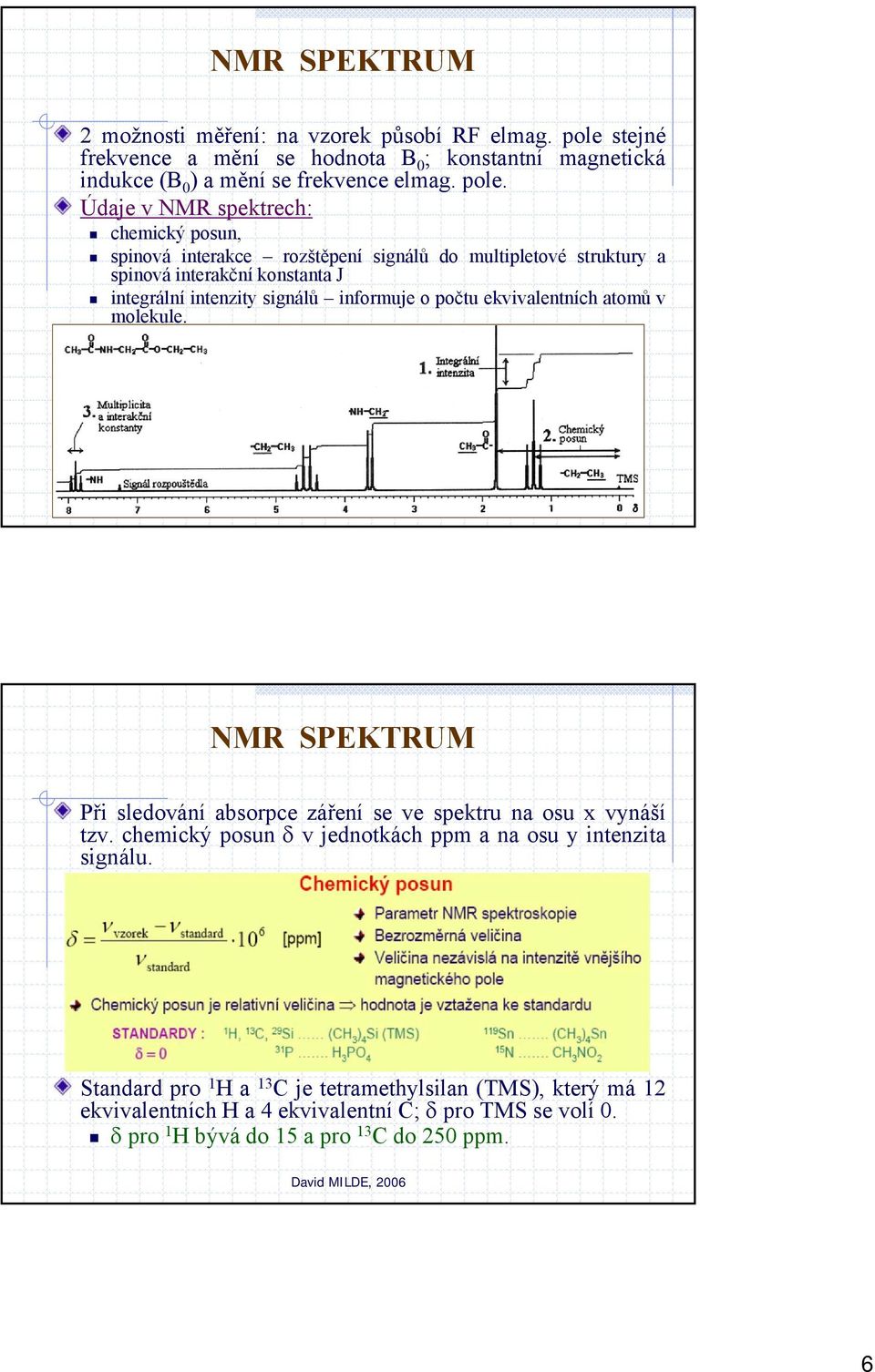 informuje o počtu ekvivalentních atomů v molekule. NMR SPEKTRUM Při sledování absorpce záření se ve spektru na osu x vynáší tzv.