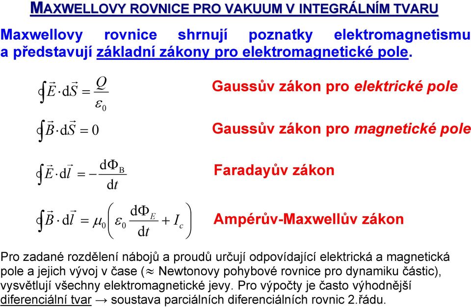 Ampérův-Maxwellův zákon Pro zadané rozdělení nábojů a proudů určují odpovídající elektrická a magnetická pole a jejich vývoj v čase ( Newtonovy pohybové