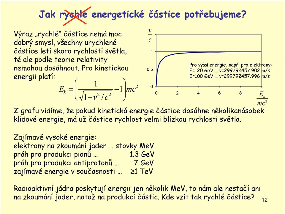 996 m/s E 0 k = mc 0 4 6 8 E v / c k mc Z grafu vdíme že pokud knetcká energe částce dosáhne několkanásobek kldové energe má už částce rychlost velm blízkou rychlost světla.