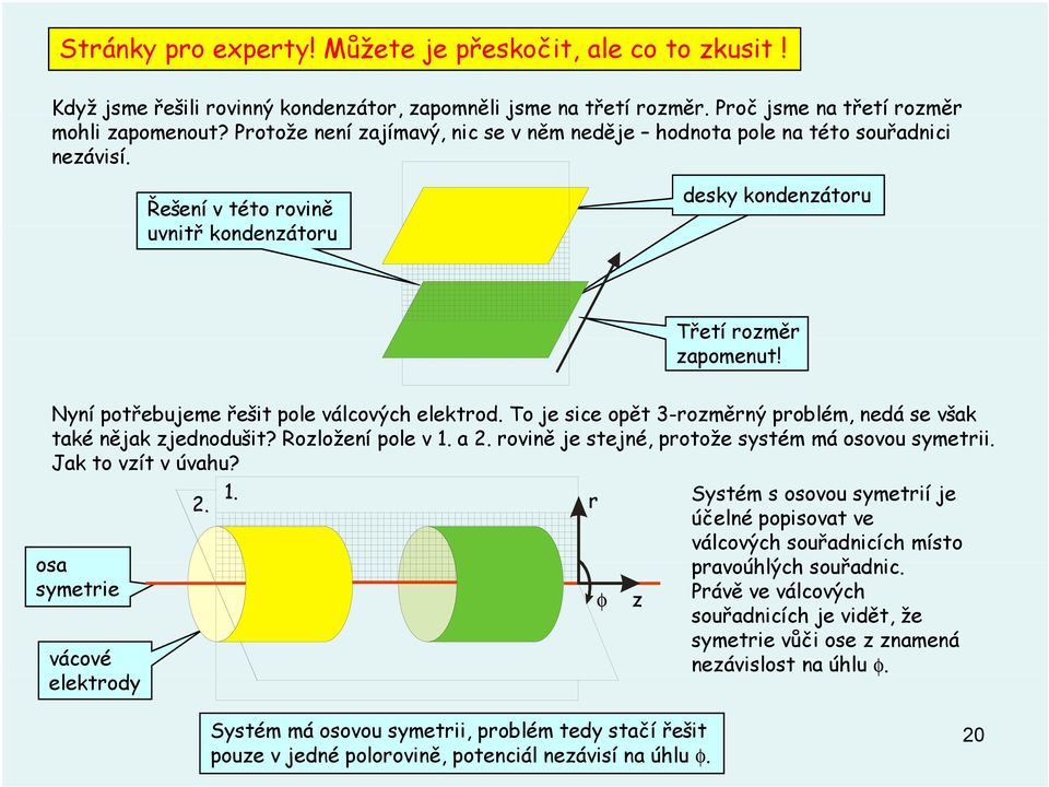 Nyní potřebueme řešt pole válcových elektrod. To e sce opět 3-rozměrný problém nedá se však také něak zednodušt? Rozložení pole v. a. rovně e stené protože systém má osovou symetr.