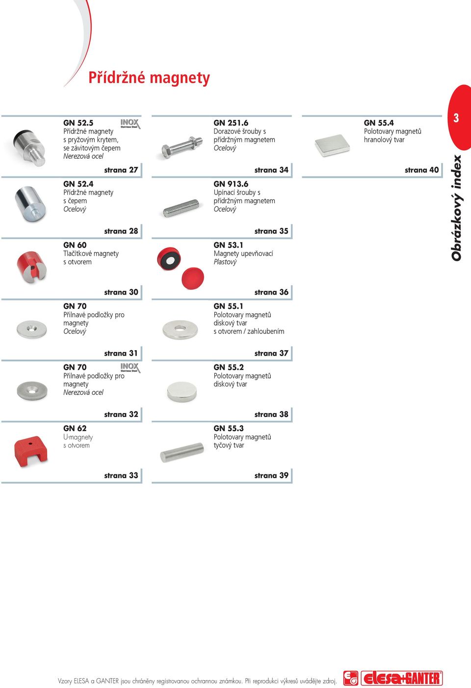 4 Polotovary magnetů ranolový tvar strana 40 3 Obrázkový index strana 30 strana 36 GN 70 Přilnavé podložky pro magnety Ocelový GN 55.