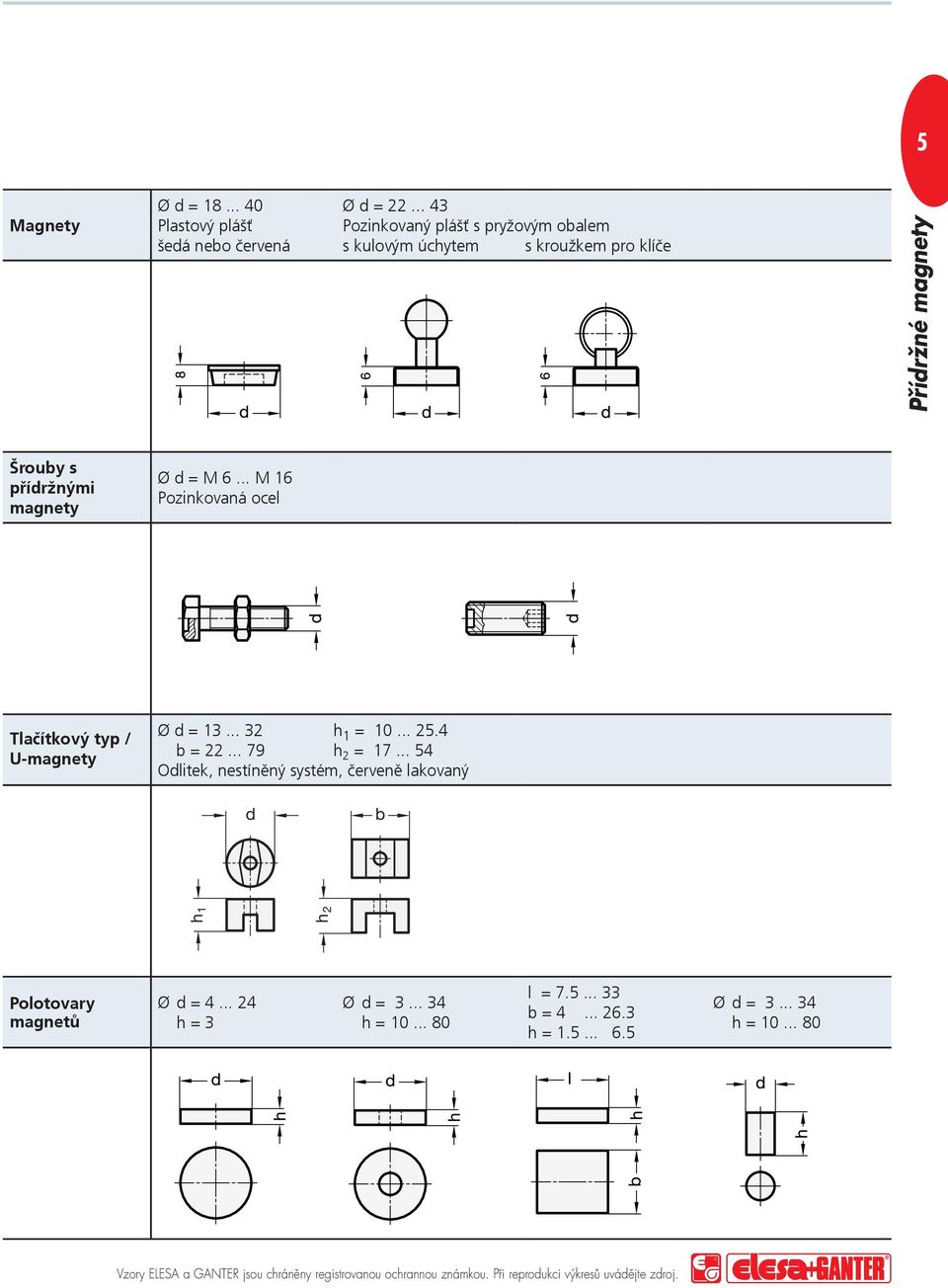 .. M 16 Pozinkovaná ocel Tlačítkový typ / U-magnety Ø d = 13... 32 1 = 10... 25.4 b = 22... 79 2 = 17.