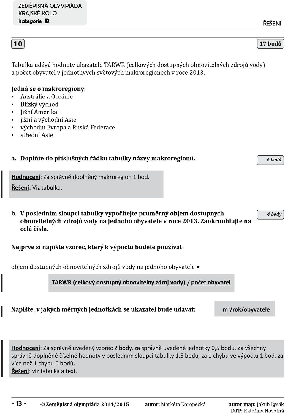 6 bodů Hodnocení: Za správně doplněný makroregion 1 bod. Řešení: Viz tabulka. b. V posledním sloupci tabulky vypočítejte průměrný objem dostupných obnovitelných zdrojů vody na jednoho obyvatele v roce 2013.