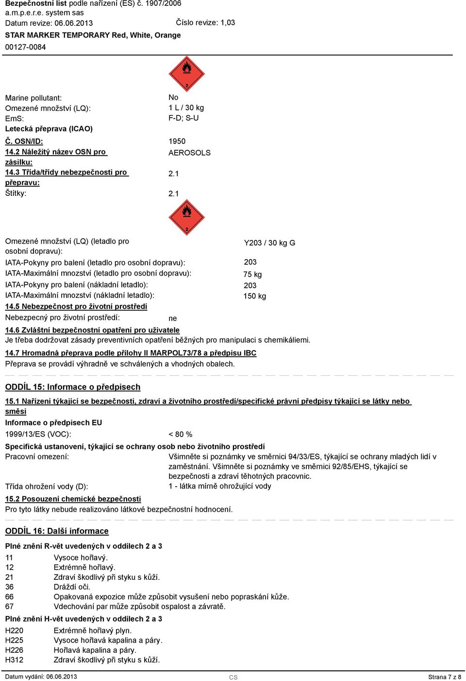 1 Omezené množství (LQ) (letadlo pro osobní dopravu): IATA-Pokyny pro balení (letadlo pro osobní dopravu): IATA-Maximální mnozství (letadlo pro osobní dopravu): IATA-Pokyny pro balení (nákladní