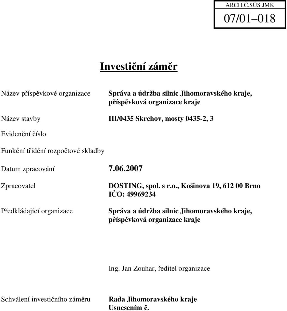 III/0435 Skrchov, mosty 0435-2, 3 Evidenční číslo Funkční třídění rozpočtové skladby Datum zpracování 7.06.