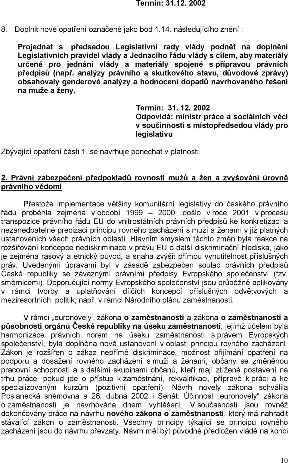 spojené s přípravou právních předpisů (např. analýzy právního a skutkového stavu, důvodové zprávy) obsahovaly genderové analýzy a hodnocení dopadů navrhovaného řešení na muže a ženy.