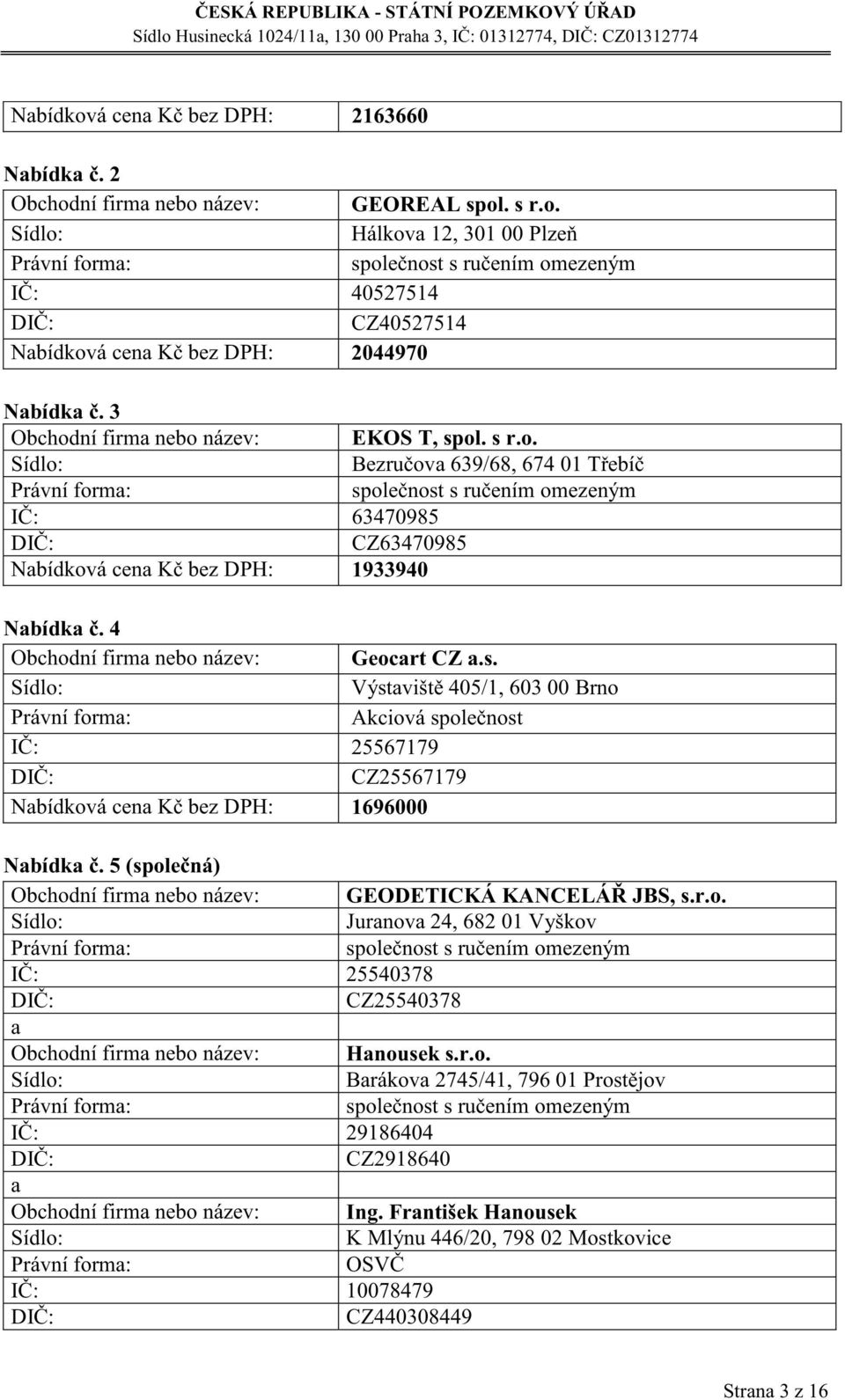 5 (společná) Obchodní firm nebo název: GEODETICKÁ KANCELÁŘ JBS, s.r.o. Jurnov 24, 682 01 Vyškov IČ: 25540378 CZ25540378 Obchodní firm nebo název: Hnousek s.r.o. Brákov 2745/41, 796 01 Prostějov IČ: 29186404 CZ2918640 Obchodní firm nebo název: Ing.