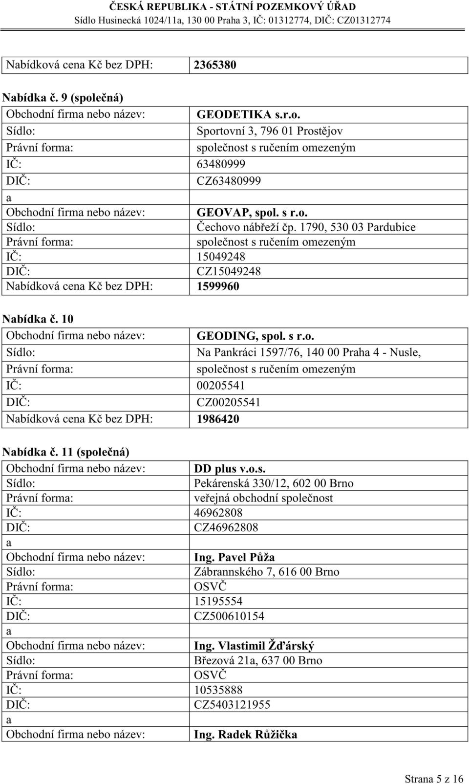 11 (společná) Obchodní firm nebo název: DD plus v.o.s. Pekárenská 330/12, 602 00 Brno veřejná obchodní společnost IČ: 46962808 CZ46962808 Obchodní firm nebo název: Ing.