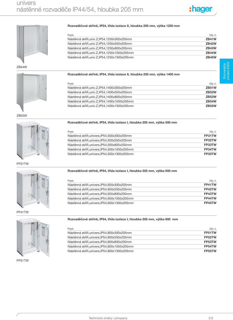 z,ip54,1250x1300x205mm ZB45W ZB44W Rozvaděčové skříně, IP54, třída izolace II, hloubka 205 mm, výška 1400 mm Rozvaděče univers 630A Obj. č. Nástěnná skříň,univ.