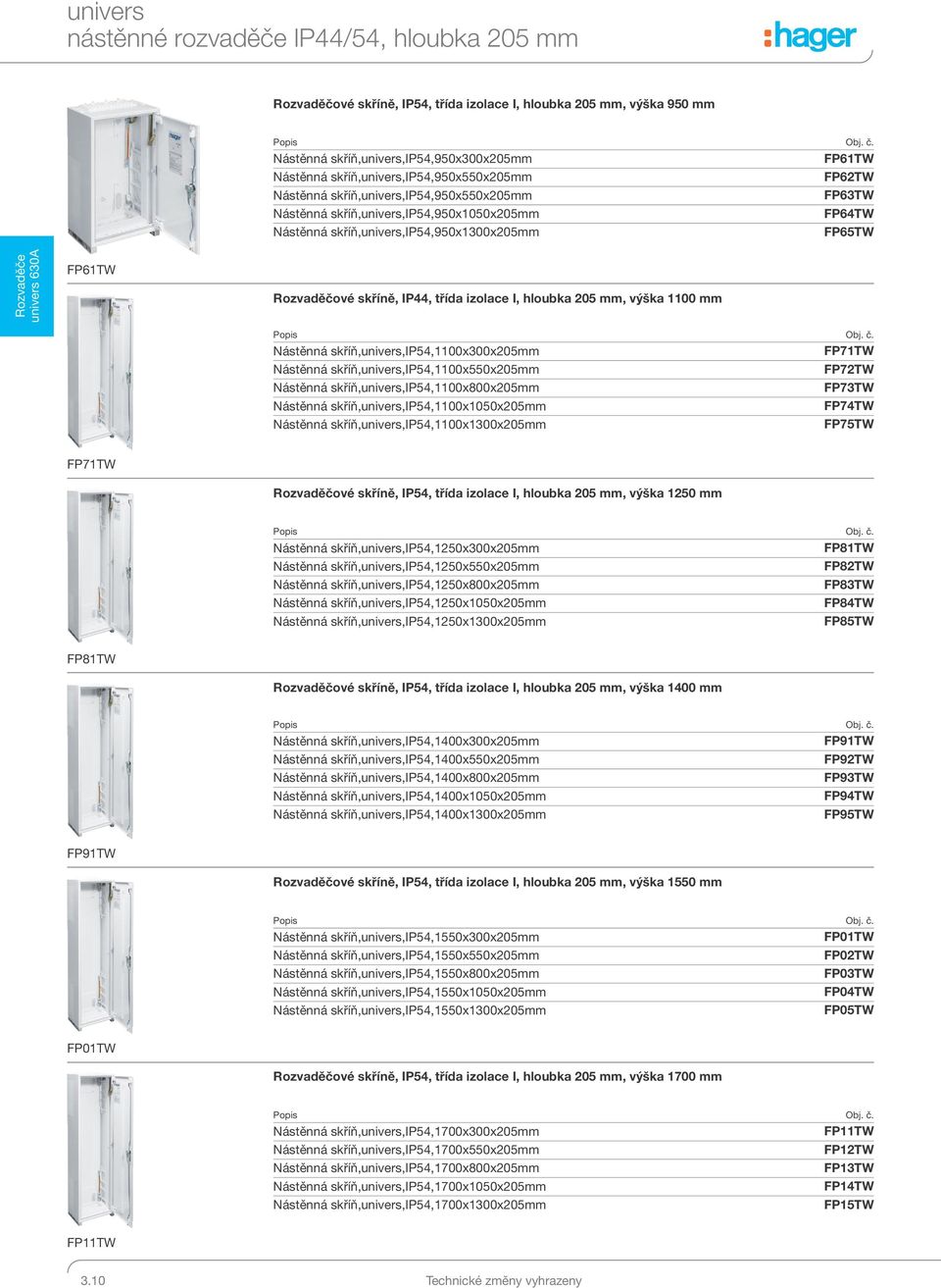 Nástěnná skříň,univers,ip54,950x1300x205mm FP65TW Rozvaděče univers 630A FP61TW Rozvaděčové skříně, IP44, třída izolace I, hloubka 205 mm, výška 1100 mm Obj. č.