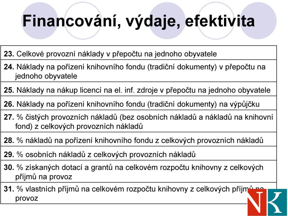 Náklady na pořízení knihovního fondu (tradiční dokumenty) na výpůjčku 27. % čistých provozních nákladů (bez osobních nákladů a nákladů na knihovní fond) z celkových provozních nákladů 28.