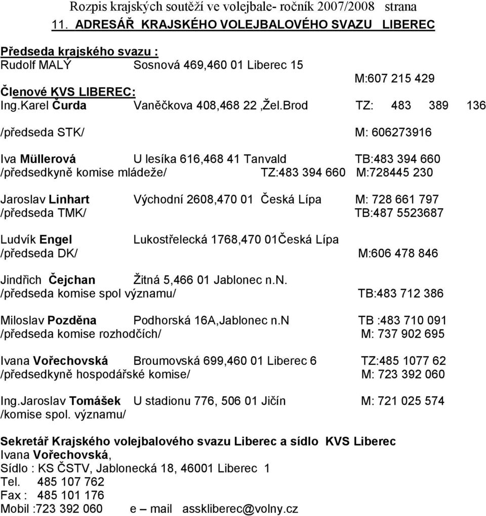 01 Česká Lípa M: 728 661 797 /předseda TMK/ TB:487 5523687 Ludvík Engel Lukostřelecká 1768,470 01Česká Lípa /předseda DK/ M:606 478 846 Jindřich Čejchan Žitná 5,466 01 Jablonec n.n. /předseda komise spol významu/ TB:483 712 386 Miloslav Pozděna Podhorská 16A,Jablonec n.