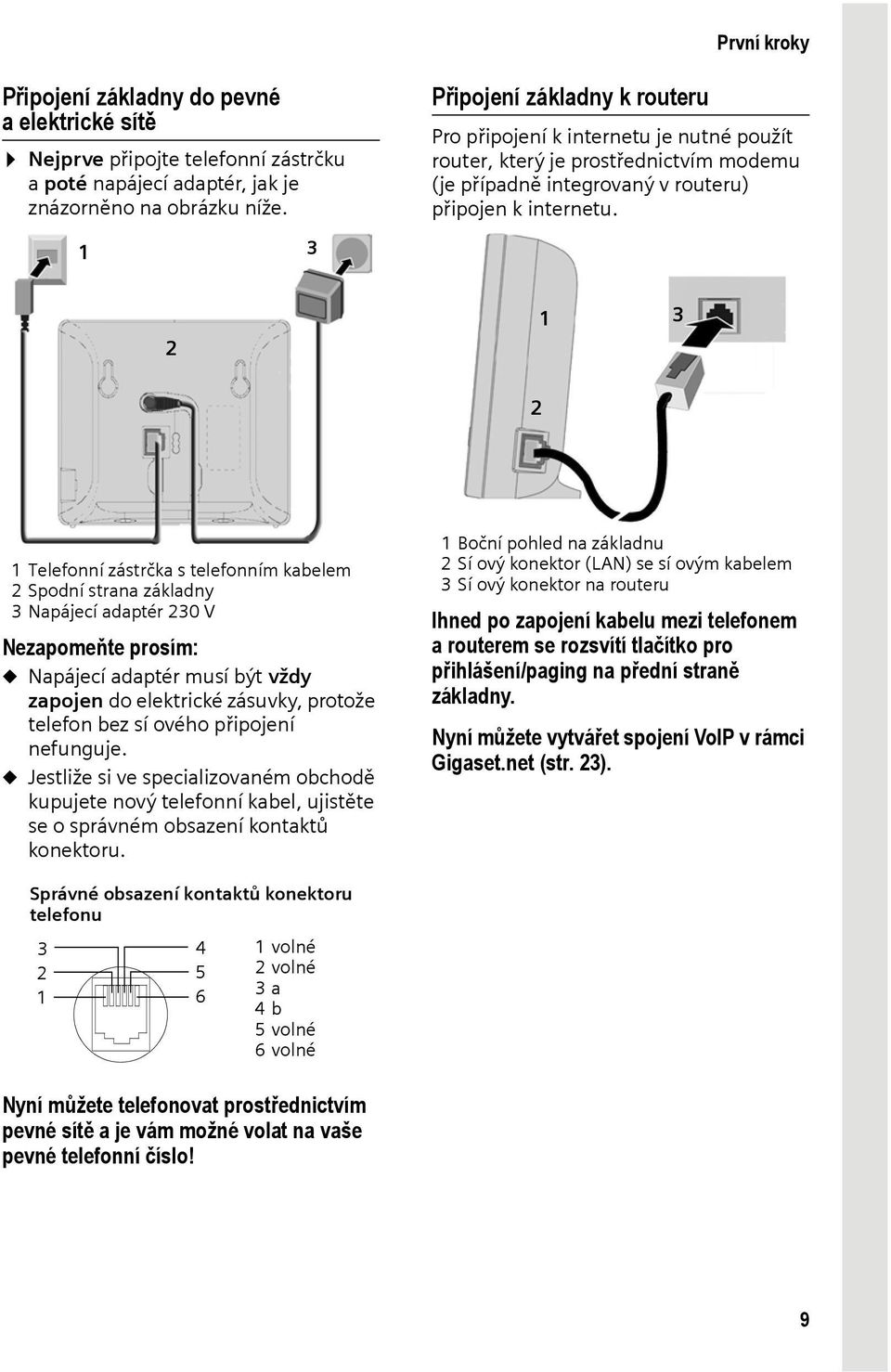 3 2 1 3 2 1 Telefonní zástrčka s telefonním kabelem 2 Spodní strana základny 3 Napájecí adaptér 230 V Nezapomeňte prosím: u Napájecí adaptér musí být vždy zapojen do elektrické zásuvky, protože