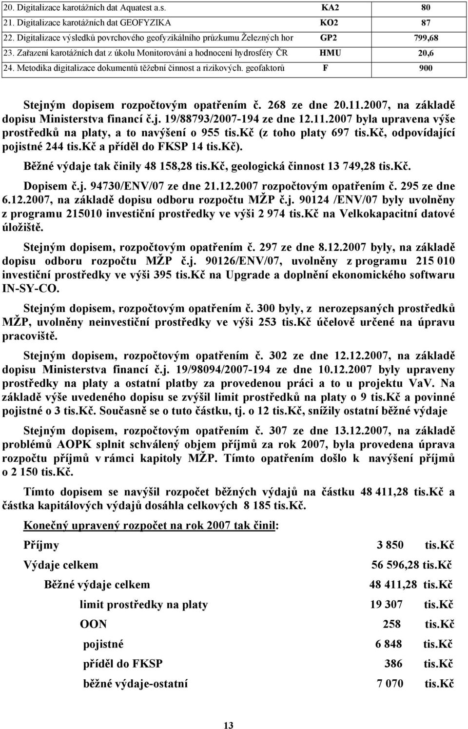 geofaktorů F 900 Stejným dopisem rozpočtovým opatřením č. 268 ze dne 20.11.2007, na základě dopisu Ministerstva financí č.j. 19/88793/2007-194 ze dne 12.11.2007 byla upravena výše prostředků na platy, a to navýšení o 955 tis.