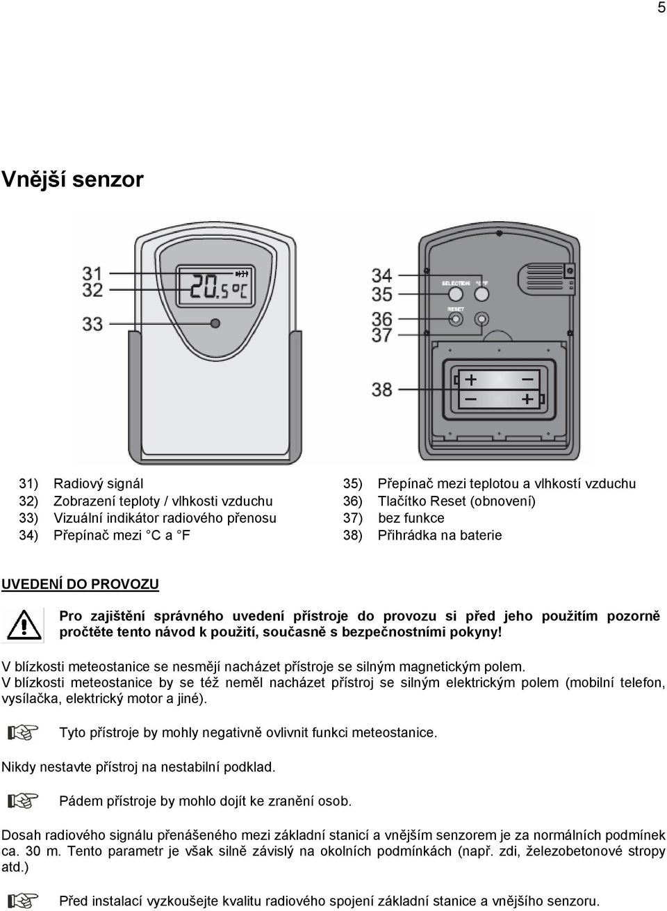 současně s bezpečnostními pokyny! V blízkosti meteostanice se nesmějí nacházet přístroje se silným magnetickým polem.