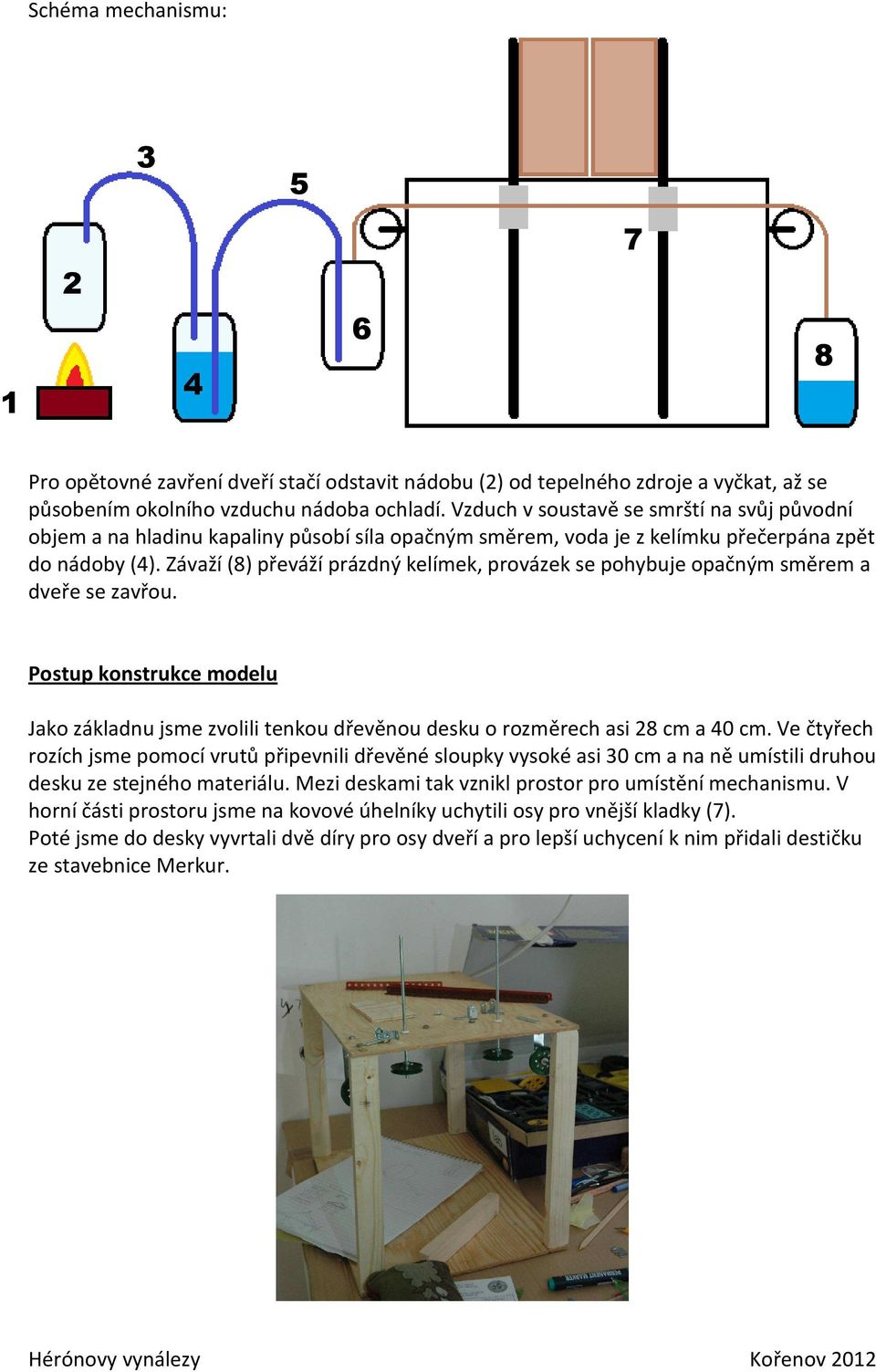 Závaží (8) převáží prázdný kelímek, provázek se pohybuje opačným směrem a dveře se zavřou. Postup konstrukce modelu Jako základnu jsme zvolili tenkou dřevěnou desku o rozměrech asi 28 cm a 40 cm.