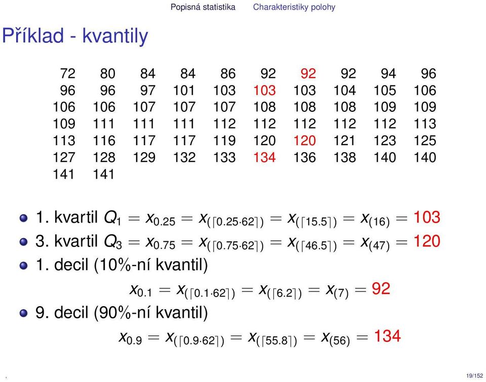 141 141 1. kvartil Q 1 = x 0.25 = x ( 0.25 62 ) = x ( 15.5 ) = x (16) = 103 3. kvartil Q 3 = x 0.75 = x ( 0.75 62 ) = x ( 46.5 ) = x (47) = 120 1.