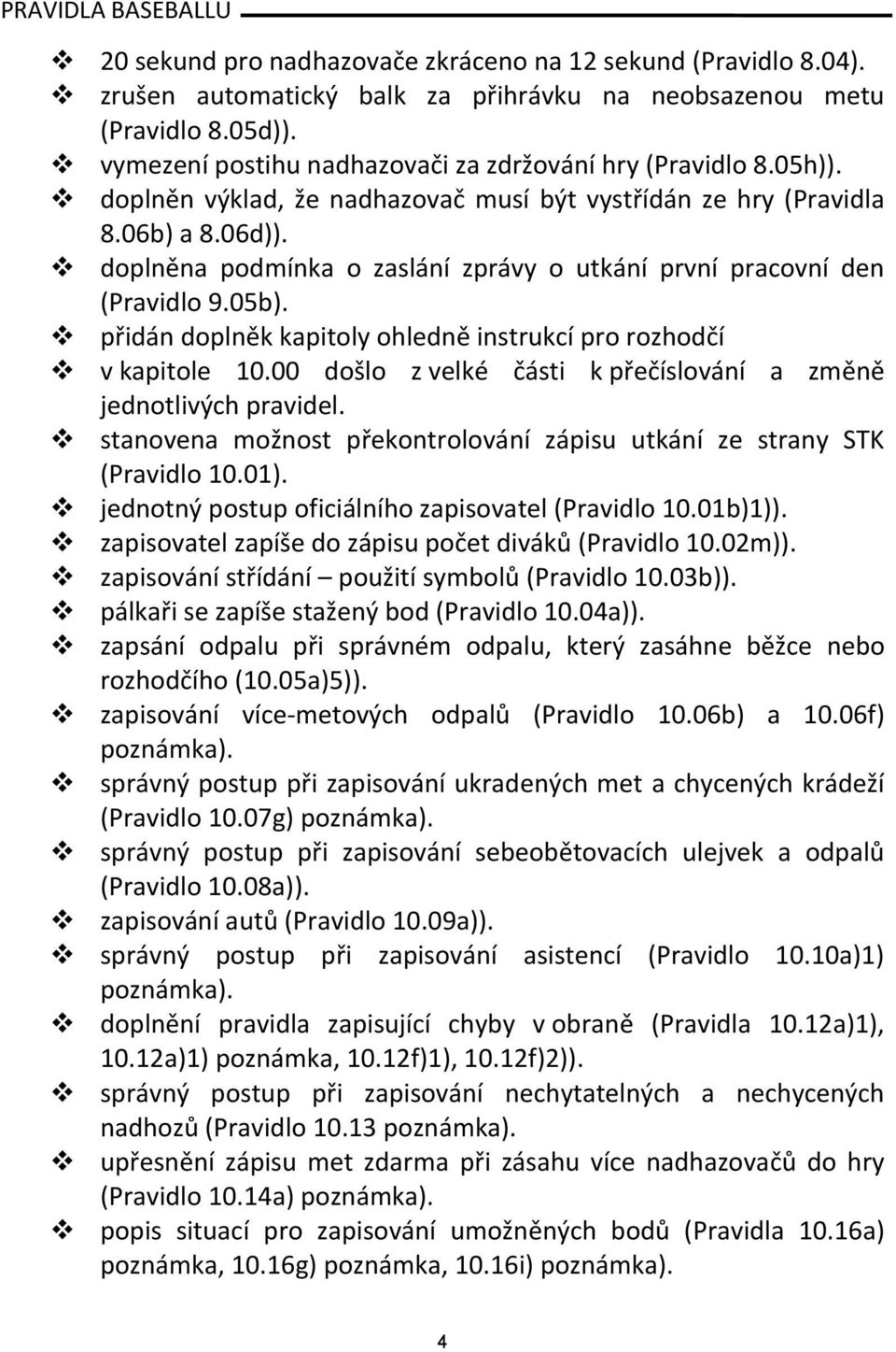 přidán doplněk kapitoly ohledně instrukcí pro rozhodčí v kapitole 10.00 došlo z velké části k přečíslování a změně jednotlivých pravidel.