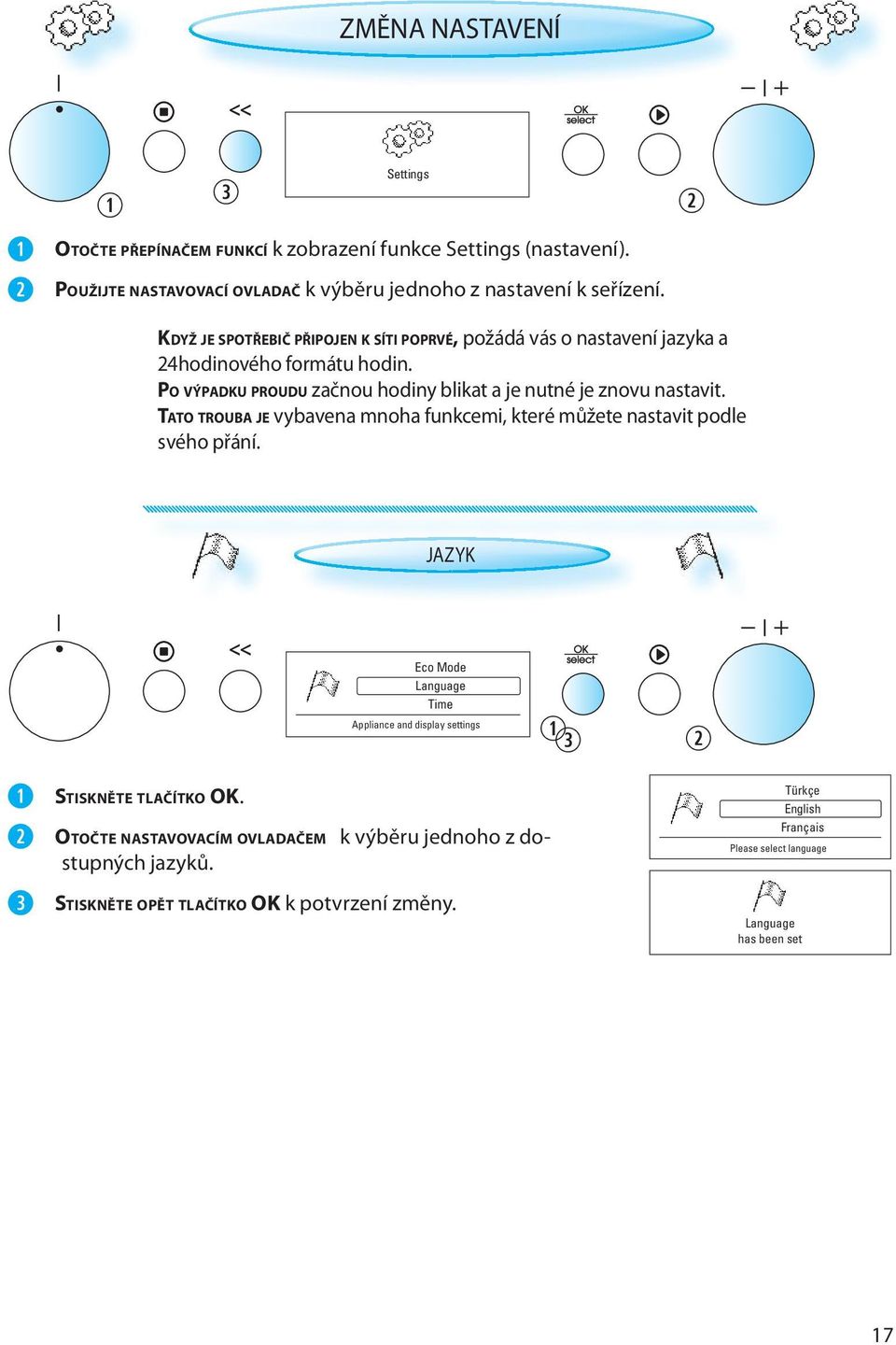 TATO TROUBA JE vybavena mnoha funkcemi, které můžete nastavit podle svého přání. JAZYK Eco Mode Language Time Appliance and display settings STISKNĚTE TLAČÍTKO OK.