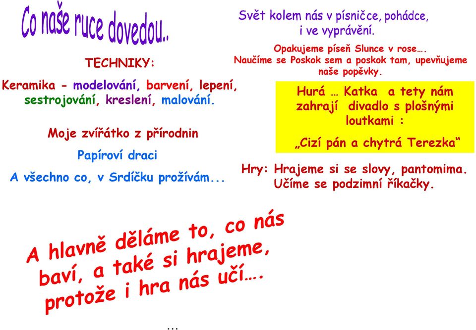 .. Opakujeme píseň Slunce v rose. Naučíme se Poskok sem a poskok tam, upevňujeme naše popěvky.