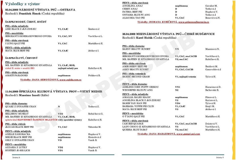 BASTIEN IZ KITAISKOGO KVARTALA V1, CAJC, BOB, získal II. místo v soutěži BIG nejlepší mladý pes Kubíčková R. ASAKTI PARADOKS nepřítomen Poláková R. Výsledky: DANA SEMOTÁNOVÁ, www.sejida.com.cz 11.04.