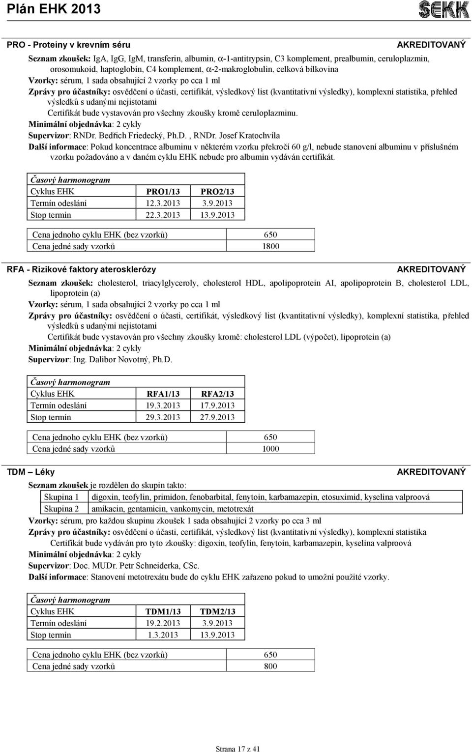 statistika, přehled výsledků s udanými nejistotami Certifikát bude vystavován pro všechny zkoušky kromě ceruloplazminu. Supervizor: RNDr. Bedřich Friedecký, Ph.D., RNDr.