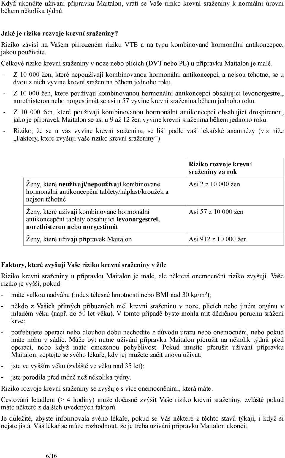 Celkové riziko krevní sraženiny v noze nebo plicích (DVT nebo PE) u přípravku Maitalon je malé.