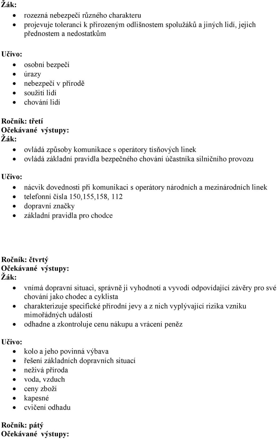 národních a mezinárodních linek telefonní čísla 150,155,158, 112 dopravní značky základní pravidla pro chodce Ročník: čtvrtý vnímá dopravní situaci, správně ji vyhodnotí a vyvodí odpovídající závěry