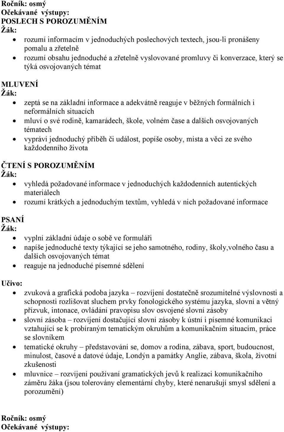 osvojovaných tématech vypráví jednoduchý příběh či událost, popíše osoby, místa a věci ze svého každodenního života ČTENÍ S POROZUMĚNÍM vyhledá požadované informace v jednoduchých každodenních