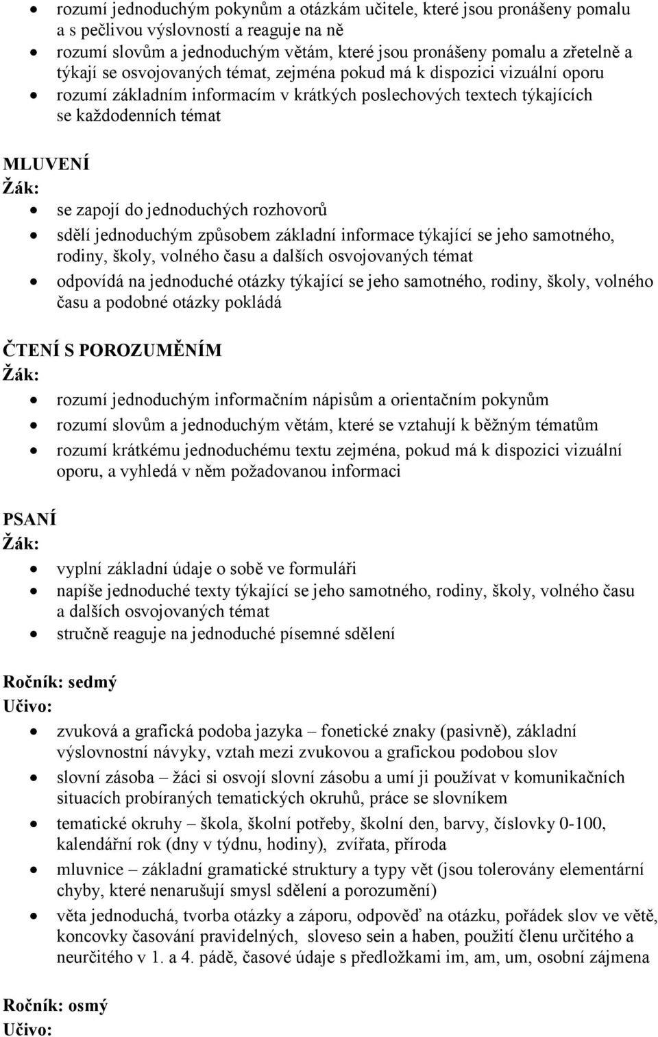 rozhovorů sdělí jednoduchým způsobem základní informace týkající se jeho samotného, rodiny, školy, volného času a dalších osvojovaných témat odpovídá na jednoduché otázky týkající se jeho samotného,