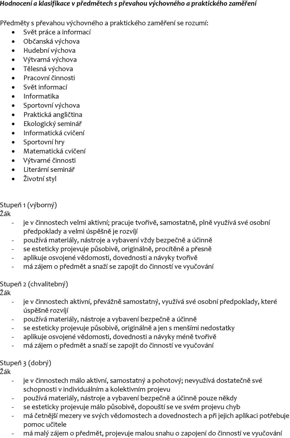 Výtvarné činnosti Literární seminář Životní styl Stupeň 1 (výborný) - je v činnostech velmi aktivní; pracuje tvořivě, samostatně, plně využívá své osobní předpoklady a velmi úspěšně je rozvíjí -