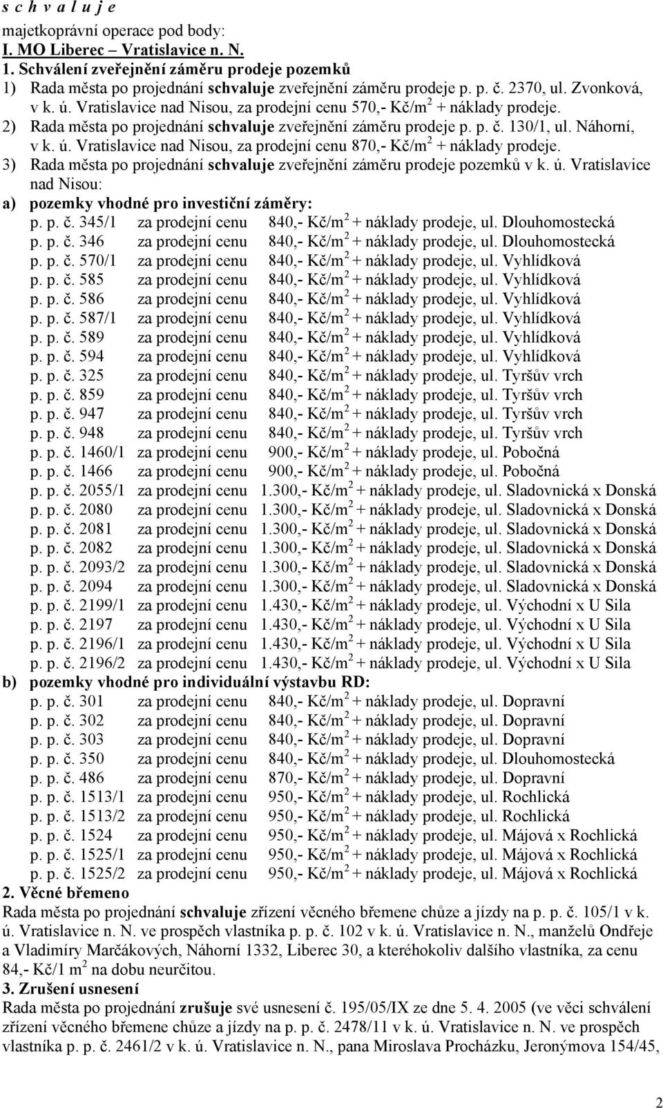 Vratislavice nad Nisou, za prodejní cenu 870,- Kč/m 2 + náklady prodeje. 3) zveřejnění záměru prodeje pozemků v k. ú. Vratislavice nad Nisou: a) pozemky vhodné pro investiční záměry: p. p. č.