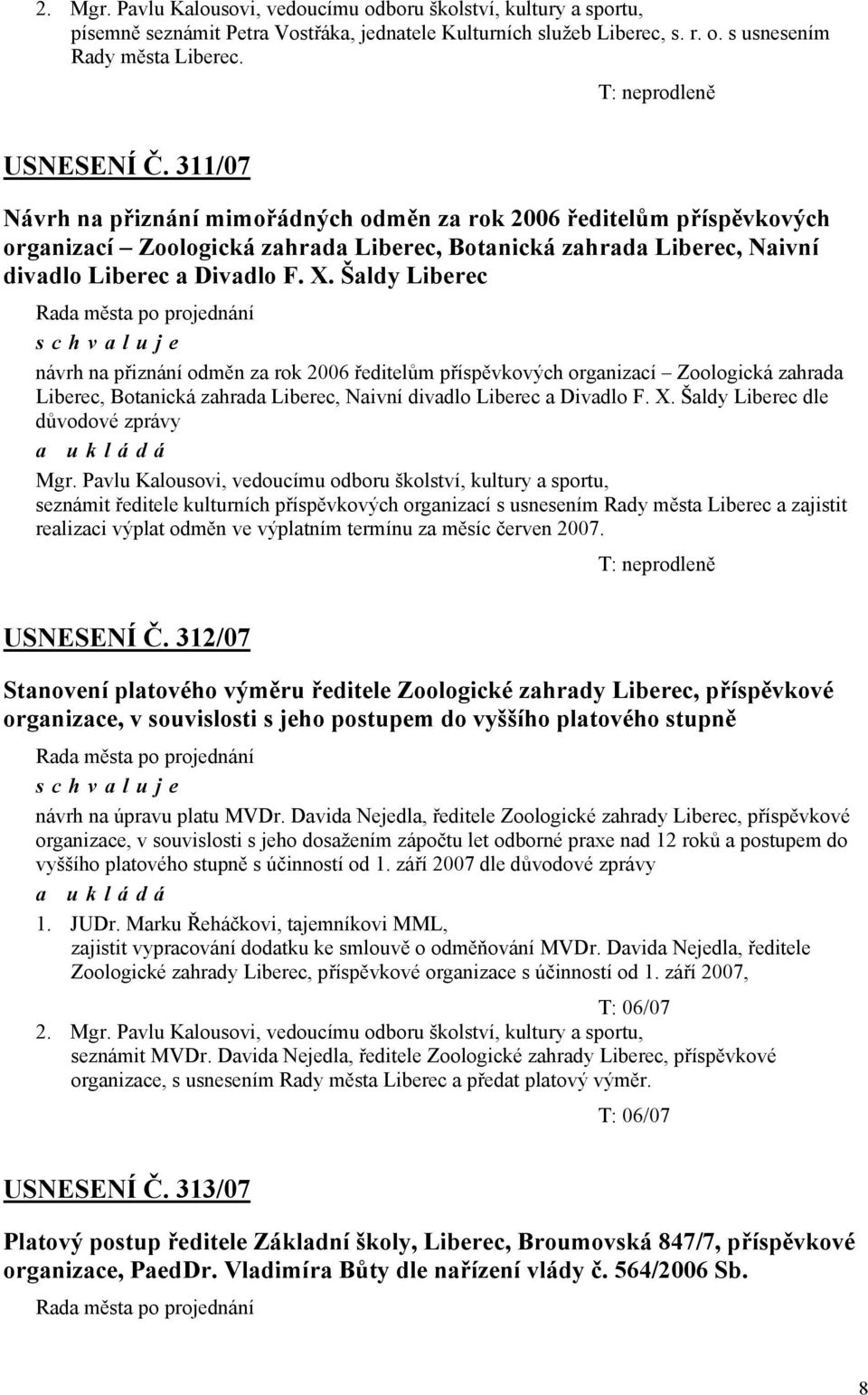 Šaldy Liberec návrh na přiznání odměn za rok 2006 ředitelům příspěvkových organizací Zoologická zahrada Liberec, Botanická zahrada Liberec, Naivní divadlo Liberec a Divadlo F. X.