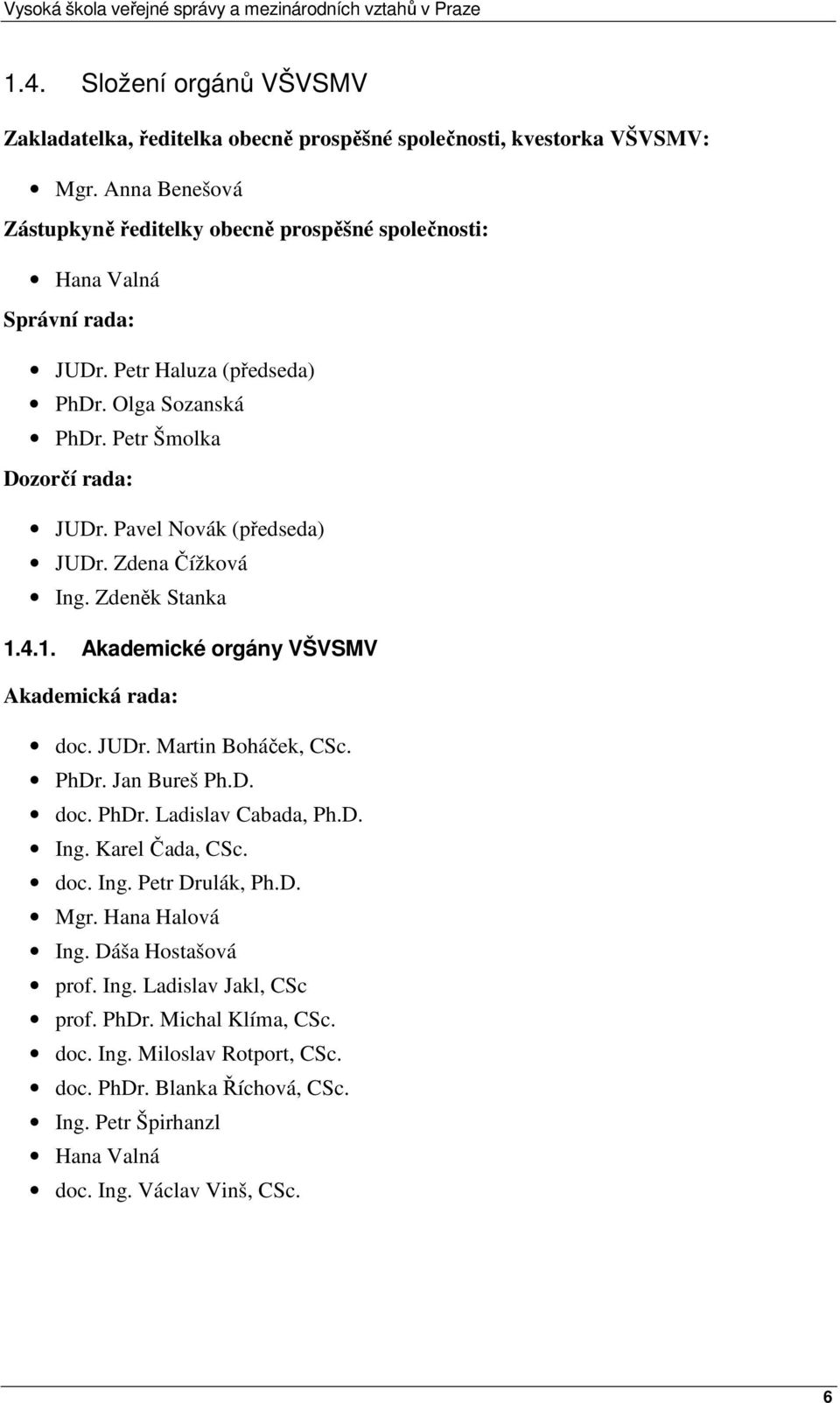 Pavel Novák (předseda) JUDr. Zdena Čížková Ing. Zdeněk Stanka 1.4.1. Akademické orgány VŠVSMV Akademická rada: doc. JUDr. Martin Boháček, CSc. PhDr. Jan Bureš Ph.D. doc. PhDr. Ladislav Cabada, Ph.
