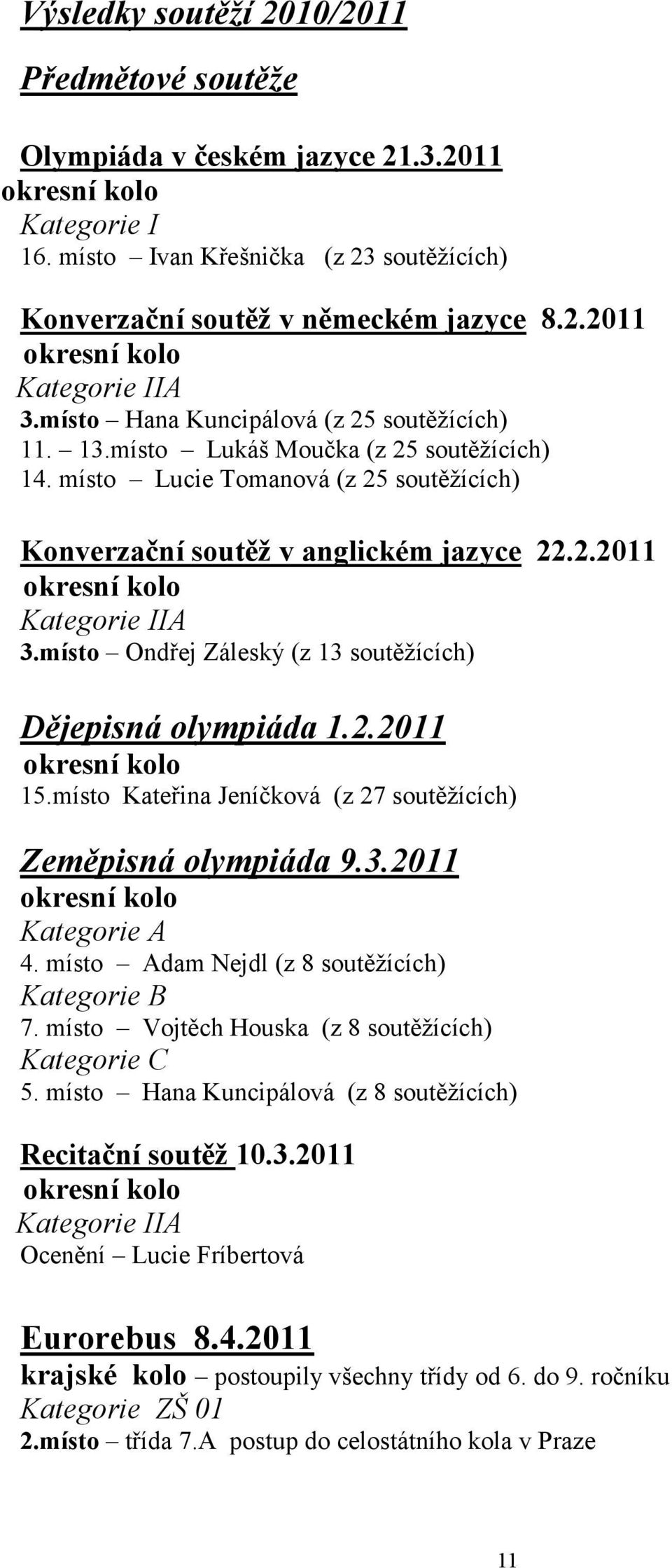 místo Ondřej Záleský (z 13 soutěžících) Dějepisná olympiáda 1.2.2011 okresní kolo 15.místo Kateřina Jeníčková (z 27 soutěžících) Zeměpisná olympiáda 9.3.2011 okresní kolo Kategorie A 4.