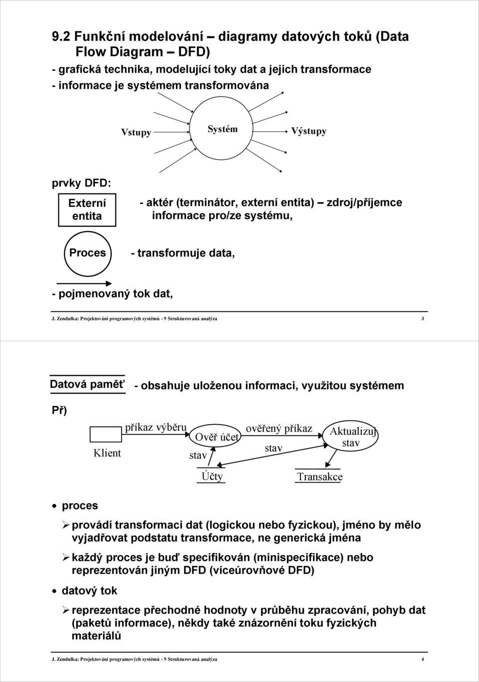 Zendulka: Projektování programových systémů - 9 Strukturovaná analýza 3 Datová paměť - obsahuje uloženou informaci, využitou systémem Př) příkaz výběru Ověř účet stav ověřený příkaz stav Aktualizuj
